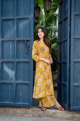 Women's Printed Knee Length V Neck Kurta And Pant Set (K198)-HFXMA-K198-YELLOW